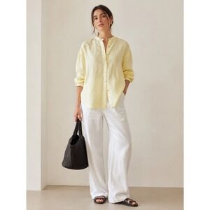 Massimo Dutti Yellow 100% Linen Mandarin Collar Button Down Shirt Small